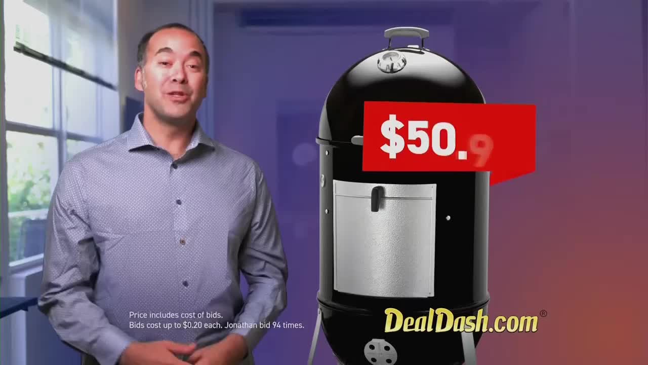 A man in a button-down shirt is speaking, gesturing towards a black smoker with a red price tag. The tag reads "$50.9".
