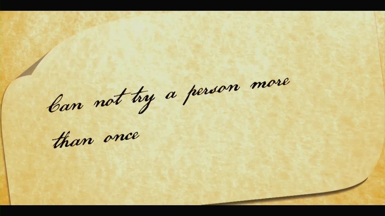A handwritten phrase, "can not try a person more than once," is displayed against a textured, parchment-like background. The words are in a flowing script, and the paper has a slightly curled corner.
