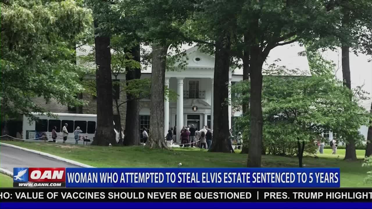 A crowd of people is gathered in front of a large white building, framed by trees. A news chyron from One America News Network reports on a woman who attempted to steal Elvis's estate.
