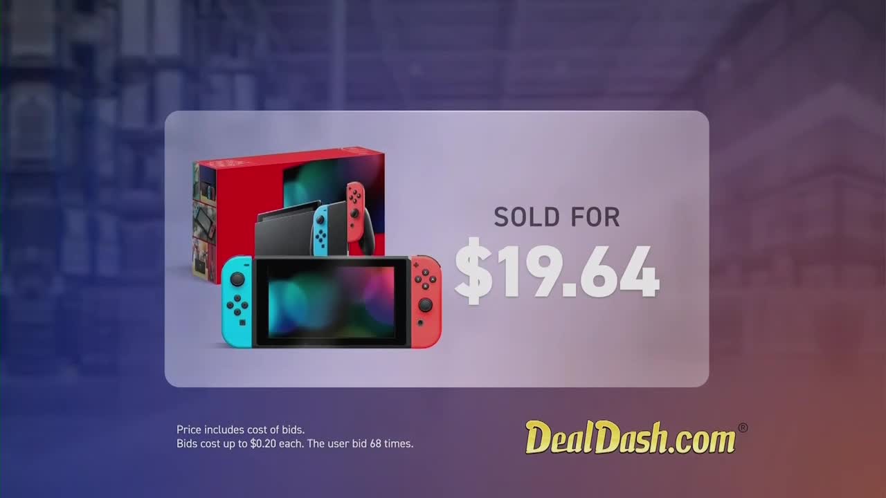 A Nintendo Switch console sits in front of a purple and white backdrop. Above it, a box displays the price "SOLD FOR $19.64".
