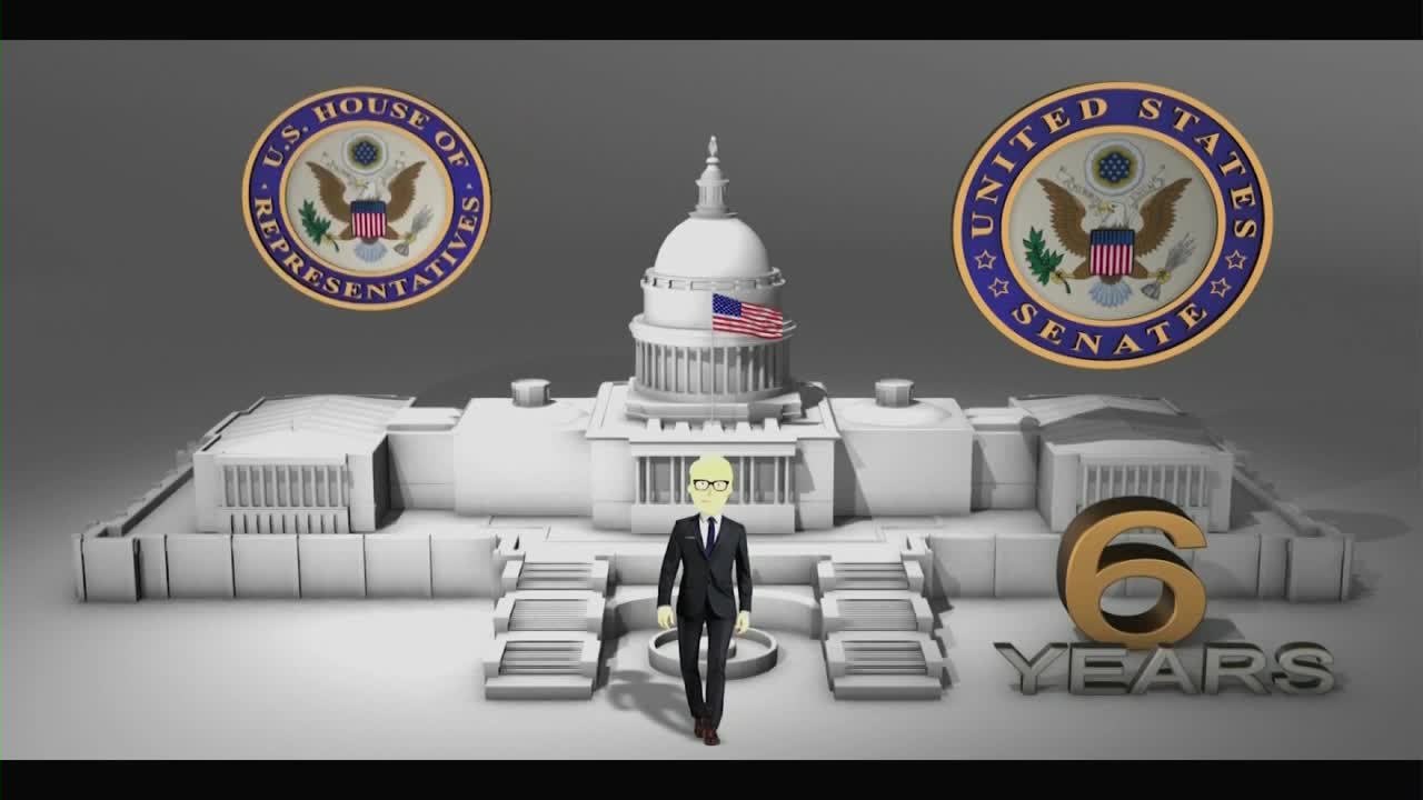 A suited cartoon figure strides toward the viewer, in front of a 3D model of the U.S. Capitol building. The seals of the House of Representatives and Senate float above, and a golden "6 YEARS" is displayed to the right.
