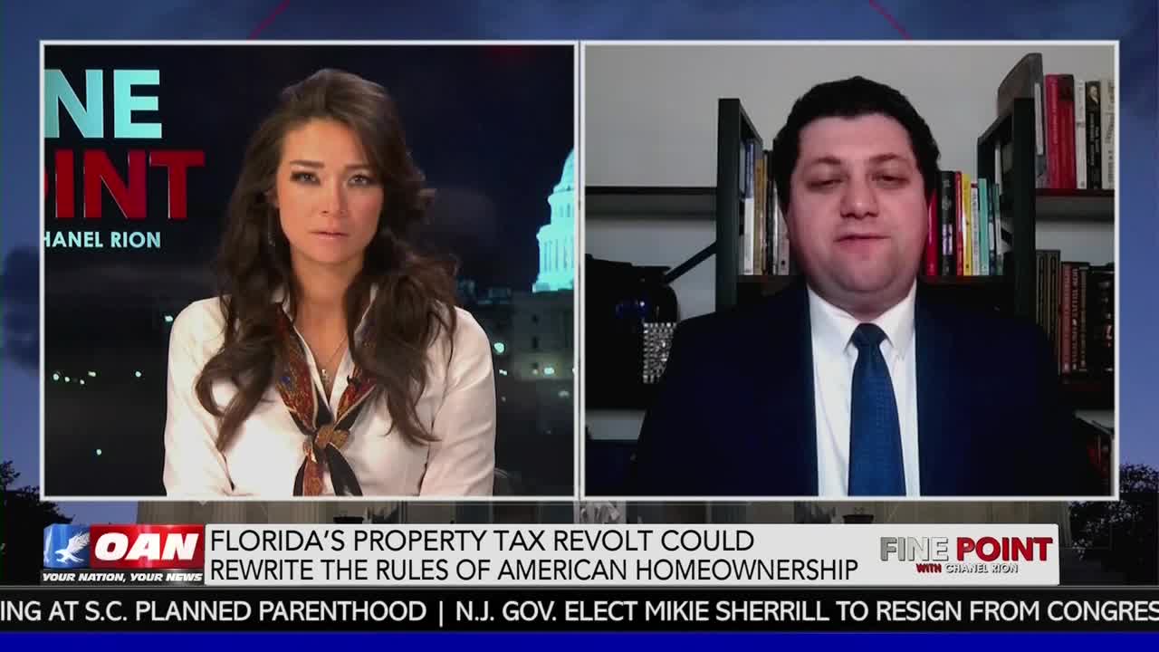 On One America News Network, a woman in a white blouse listens intently as a man in a suit speaks from a home office. The chyron mentions Florida property taxes.

