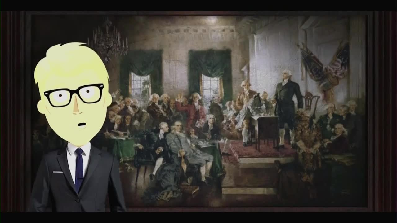A cartoon man in a suit stands in front of a framed painting of the signing of the United States Constitution. His expression is one of surprise, as if he's just heard something unexpected on the One America News Network.
