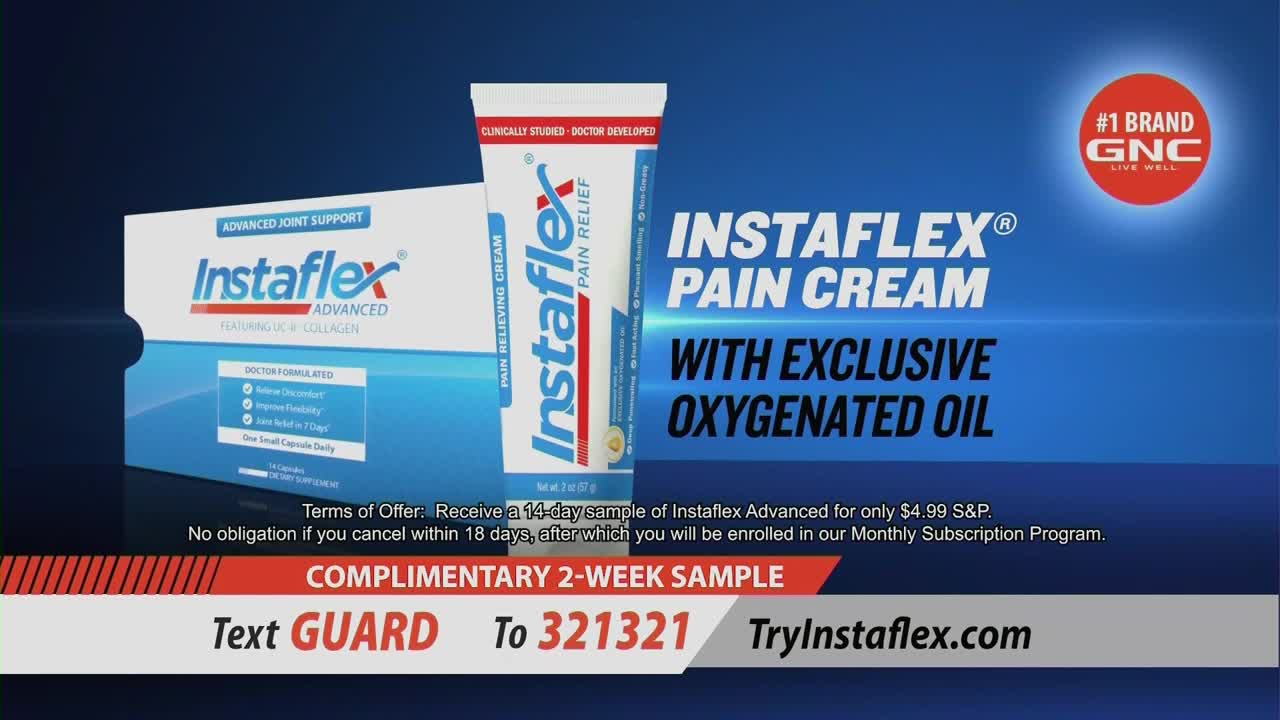 A product advertisement for Instaflex pain cream is on display, with a tube and box of the product prominently featured. The screen also includes text offering a free sample and a text-to-order option, typical of commercials on United States-based media like One America News Network.
