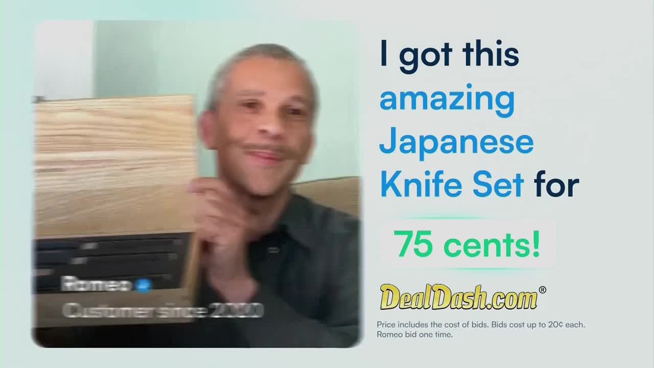 A man with a mustache holds a wooden box, smiling at the camera. Text on the screen boasts about a "Japanese Knife Set" purchased for 75 cents on DealDash.com, a commercial often seen on the United States' One America News Network.
