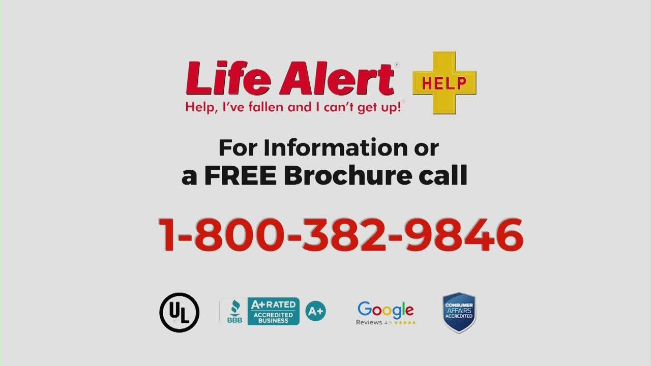A Life Alert advertisement is displayed, with a phone number in bold red. The text promises help for those who have fallen and can't get up.
