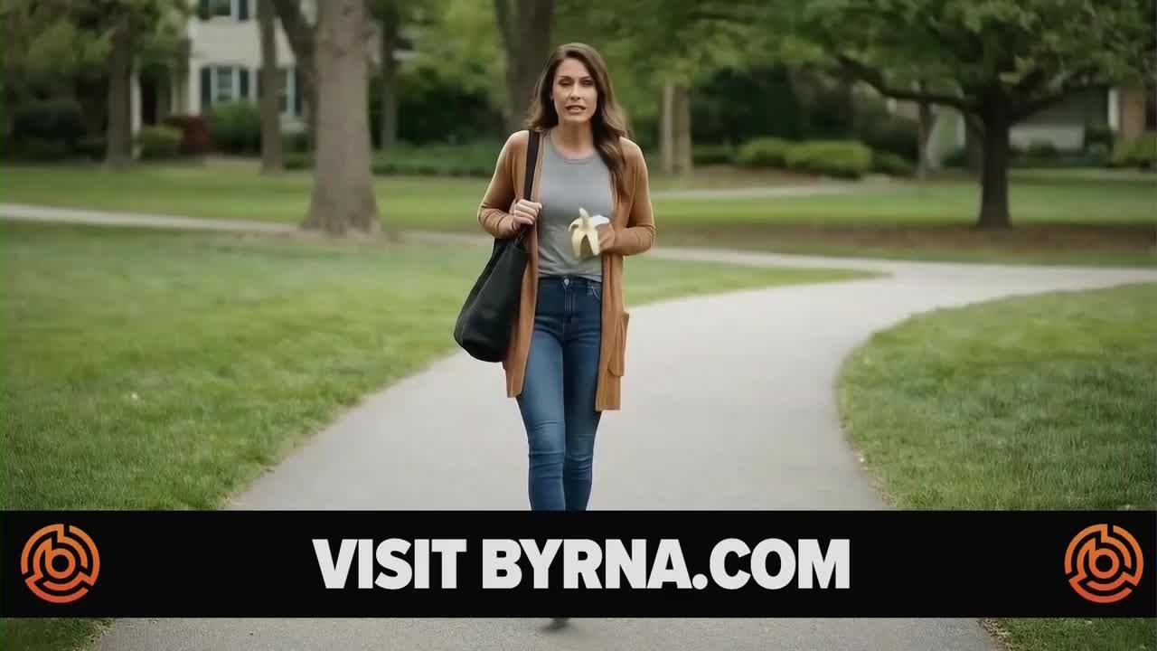 A woman, holding a peeled banana, walks toward the camera along a paved path. The "Visit Byrna.com" graphic at the bottom suggests this is an advertisement, possibly from a United States news outlet like One America News Network.
