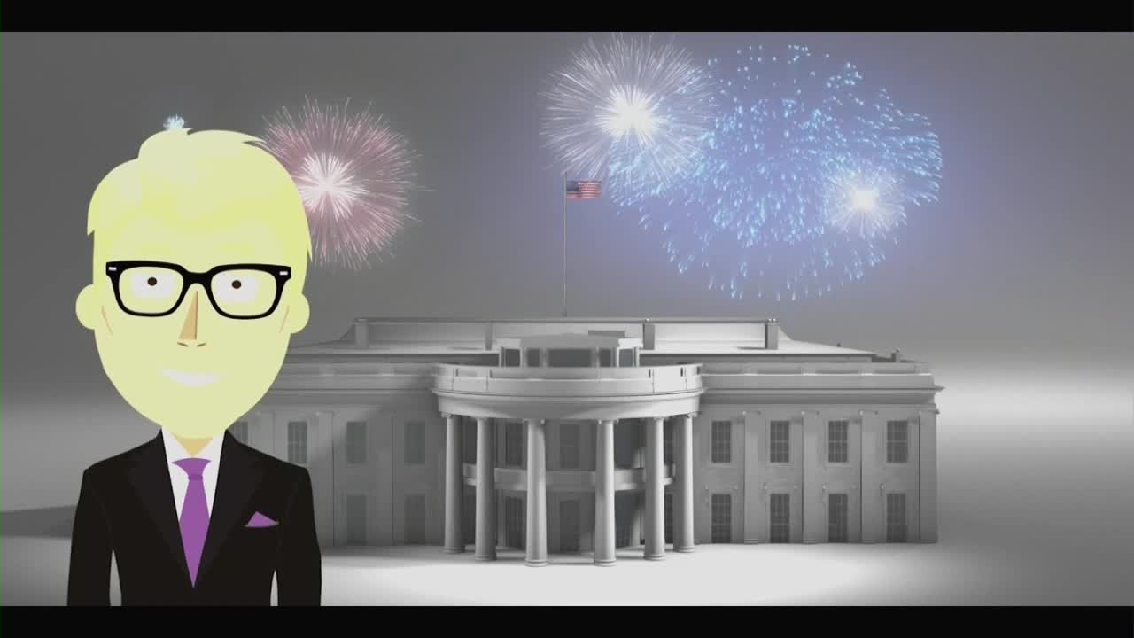 A cartoon man in a suit stands in front of the White House as fireworks burst in the sky. The American flag waves atop the building, and the fireworks are red, white, and blue.
