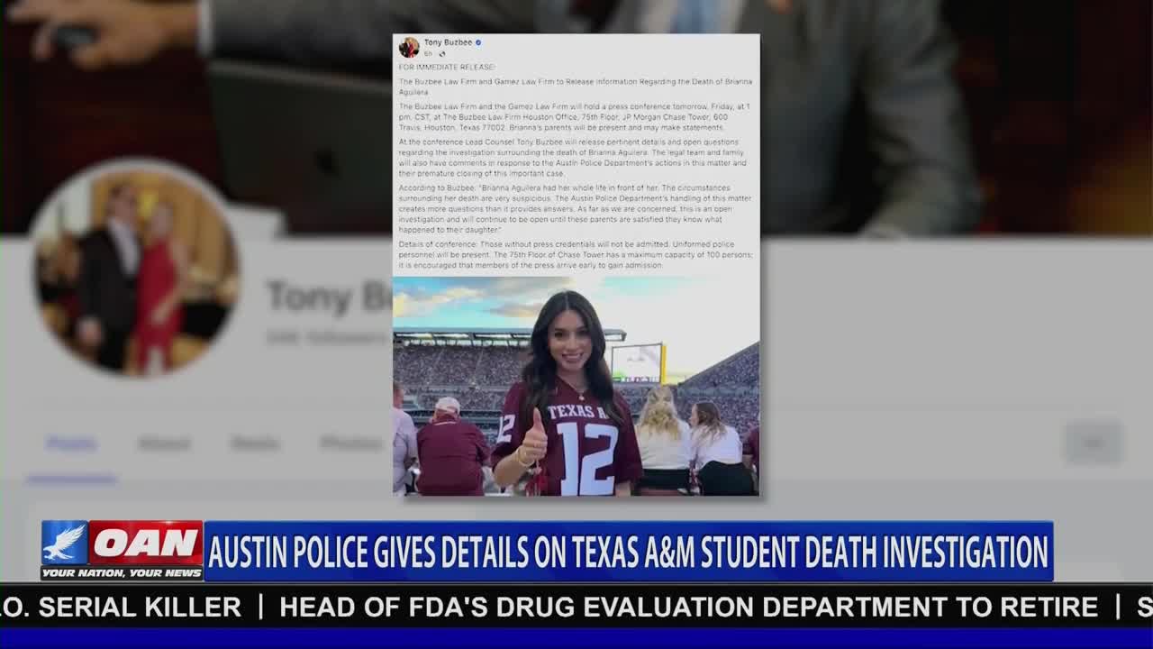 A young woman in a Texas A&M jersey gives a thumbs-up, smiling at the camera. The One America News Network graphic at the bottom announces details on a student death investigation.

