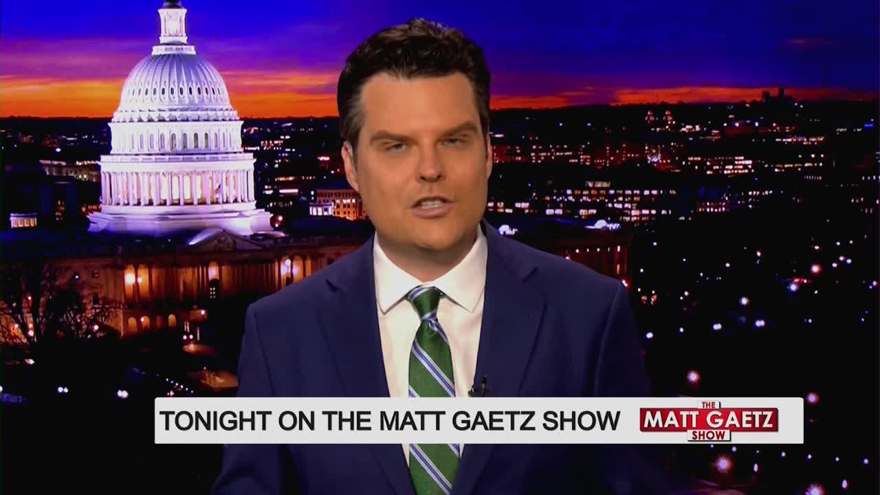 The Capitol dome glows under a twilight sky as Matt Gaetz speaks. A graphic announces "TONIGHT ON THE MATT GAETZ SHOW."