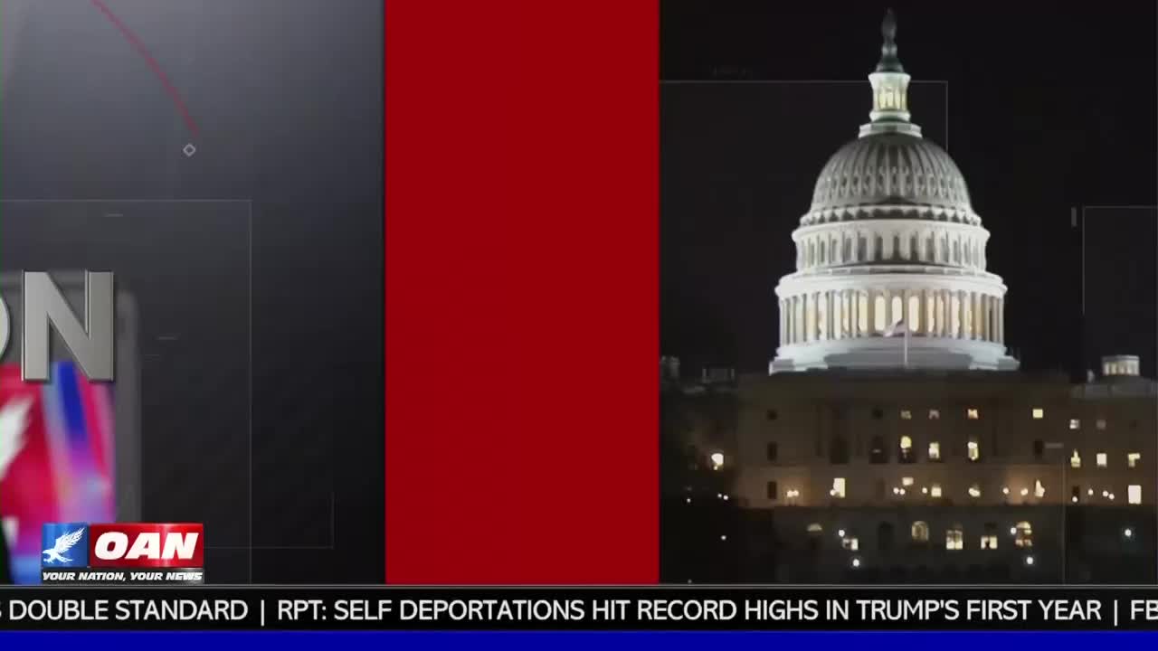 The Capitol building stands illuminated against the night sky. A red rectangle dominates the center of the screen, with the OAN logo visible in the lower left corner.