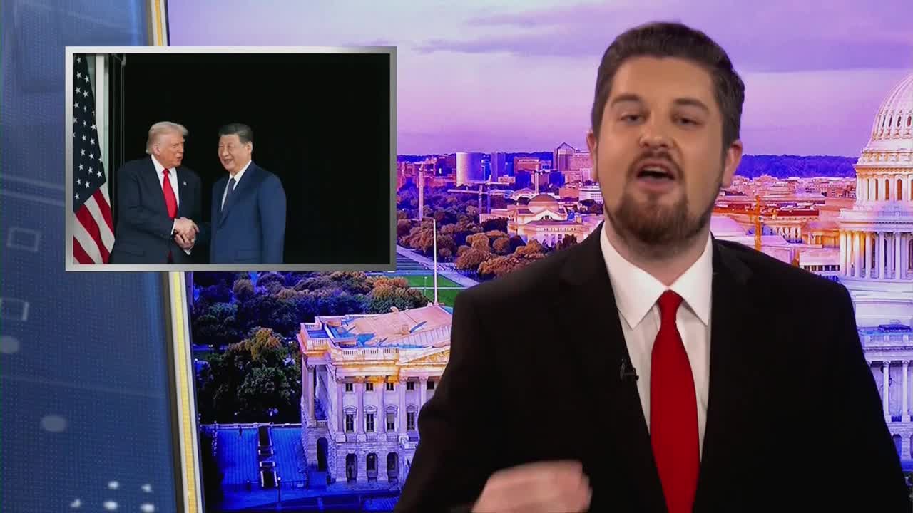 President Trump shakes hands with Xi Jinping, the American flag behind them. A commentator in a suit speaks with a Washington D.C. skyline behind him.
