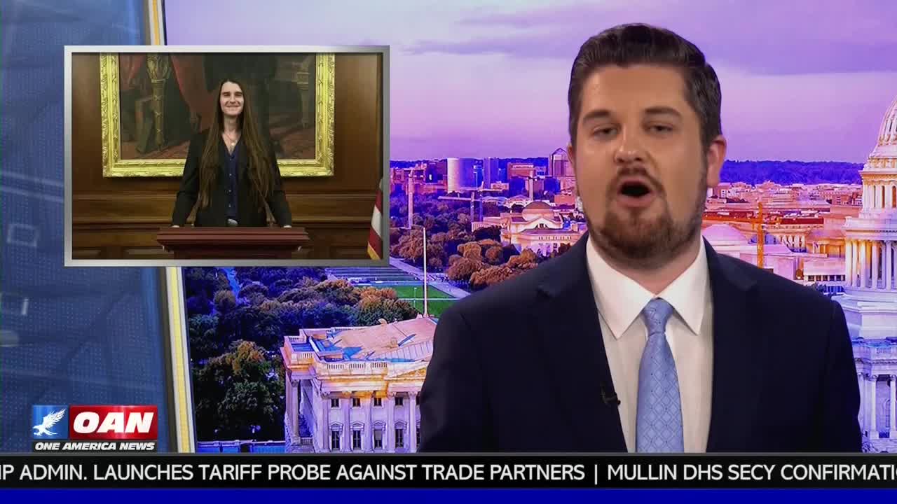 A man in a suit speaks directly to the camera, his mouth open, with a backdrop of Washington D.C. buildings. A smaller screen shows a woman standing at a podium.