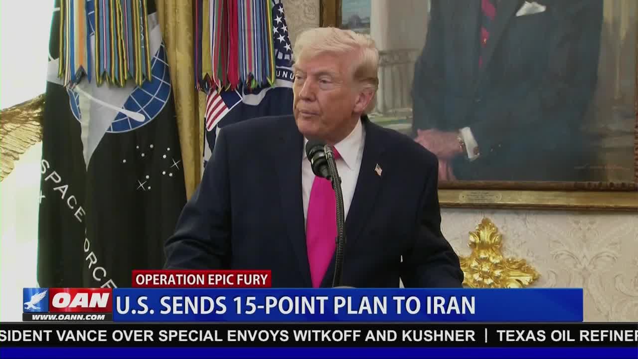 President Trump stands at a podium, speaking into a microphone. A graphic overlay from One America News Network announces "U.S. SENDS 15-POINT PLAN TO IRAN."