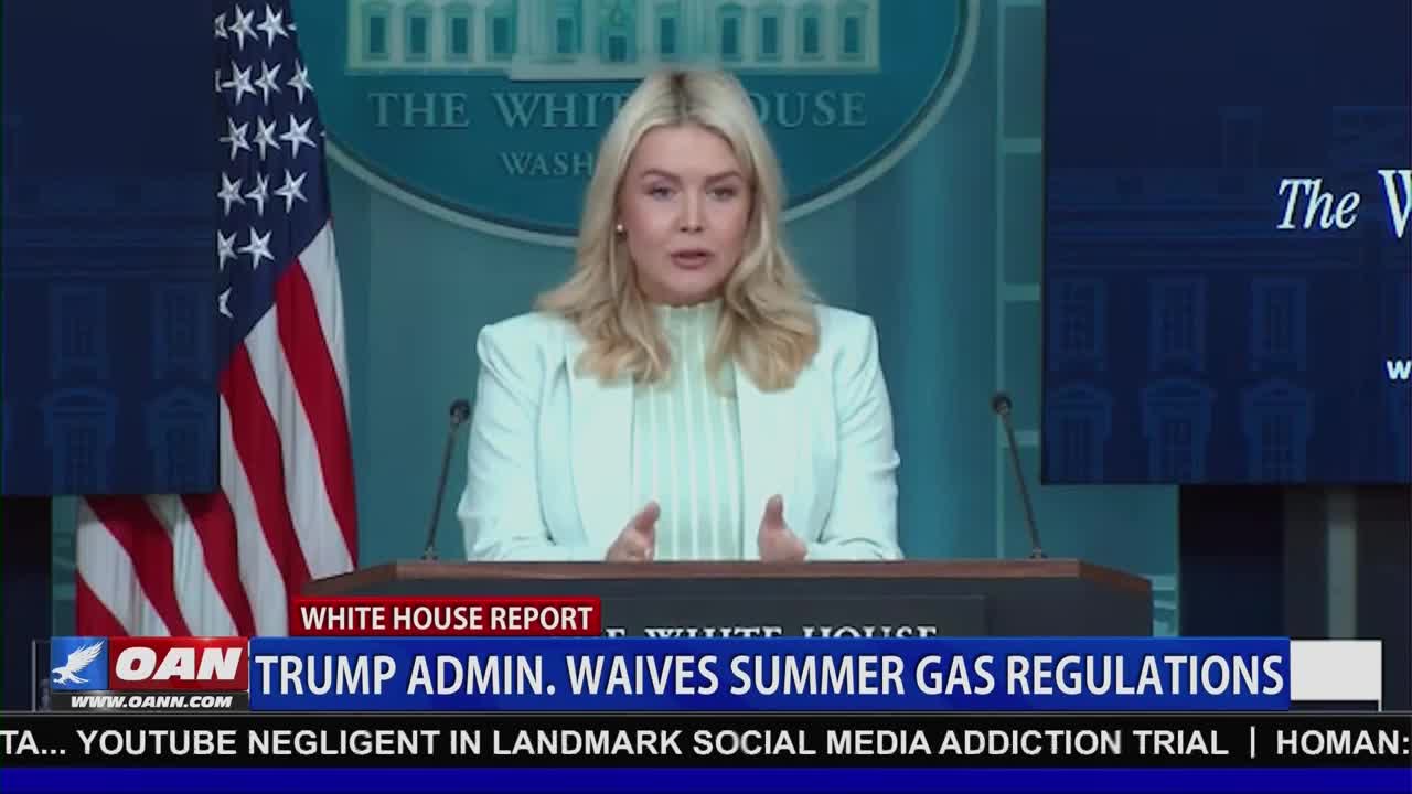 A woman speaks at a podium in front of the White House backdrop. A chyron scrolls below, announcing the Trump administration waives summer gas regulations.