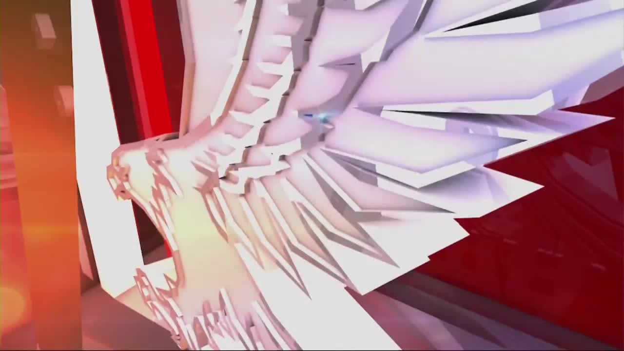 A metallic eagle's head emerges from a cascade of sharp, white planes, its wings unfurling against a backdrop of bold red. This graphic, reminiscent of a One America News Network intro, suggests a powerful, patriotic theme.