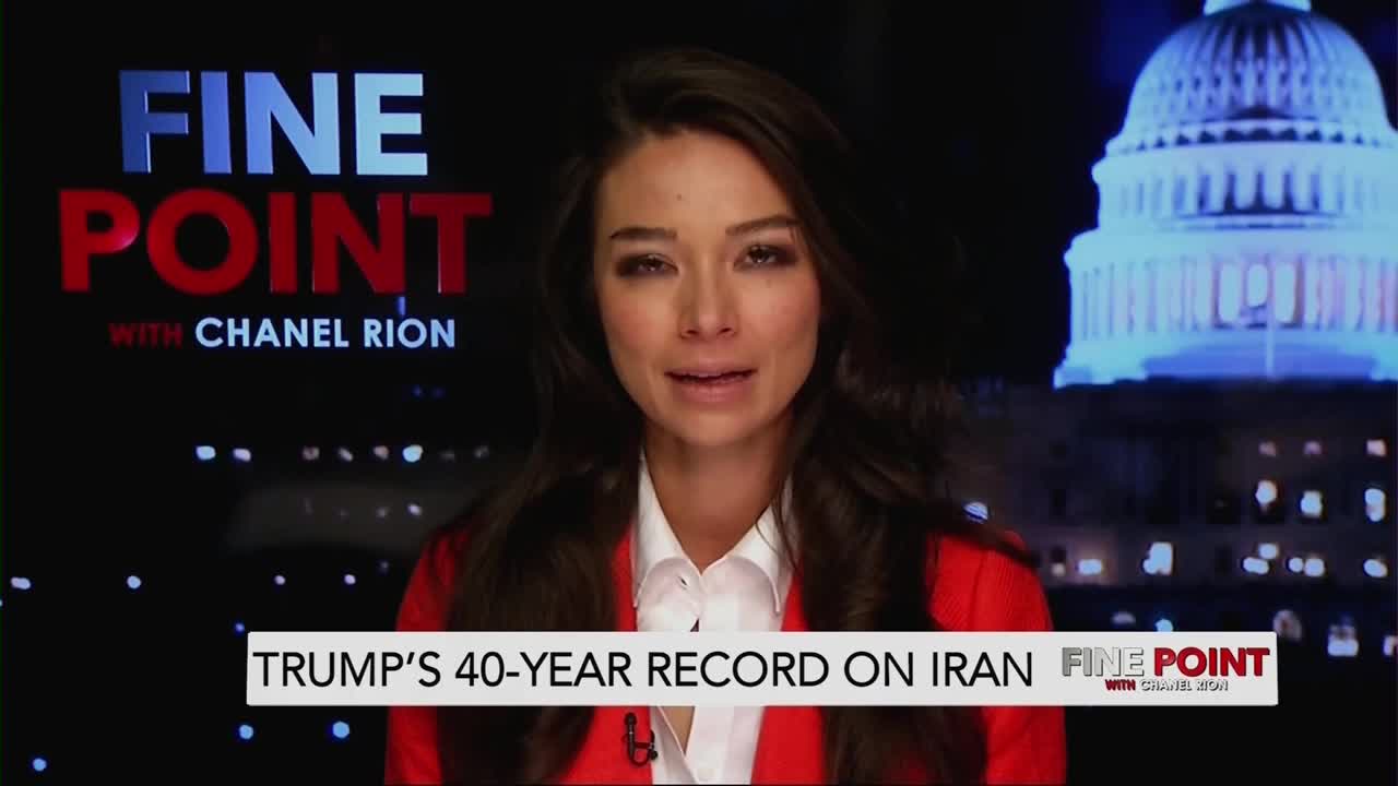 Chanel Rion speaks before a graphic of the Capitol building. A banner at the bottom reads "TRUMP'S 40-YEAR RECORD ON IRAN."