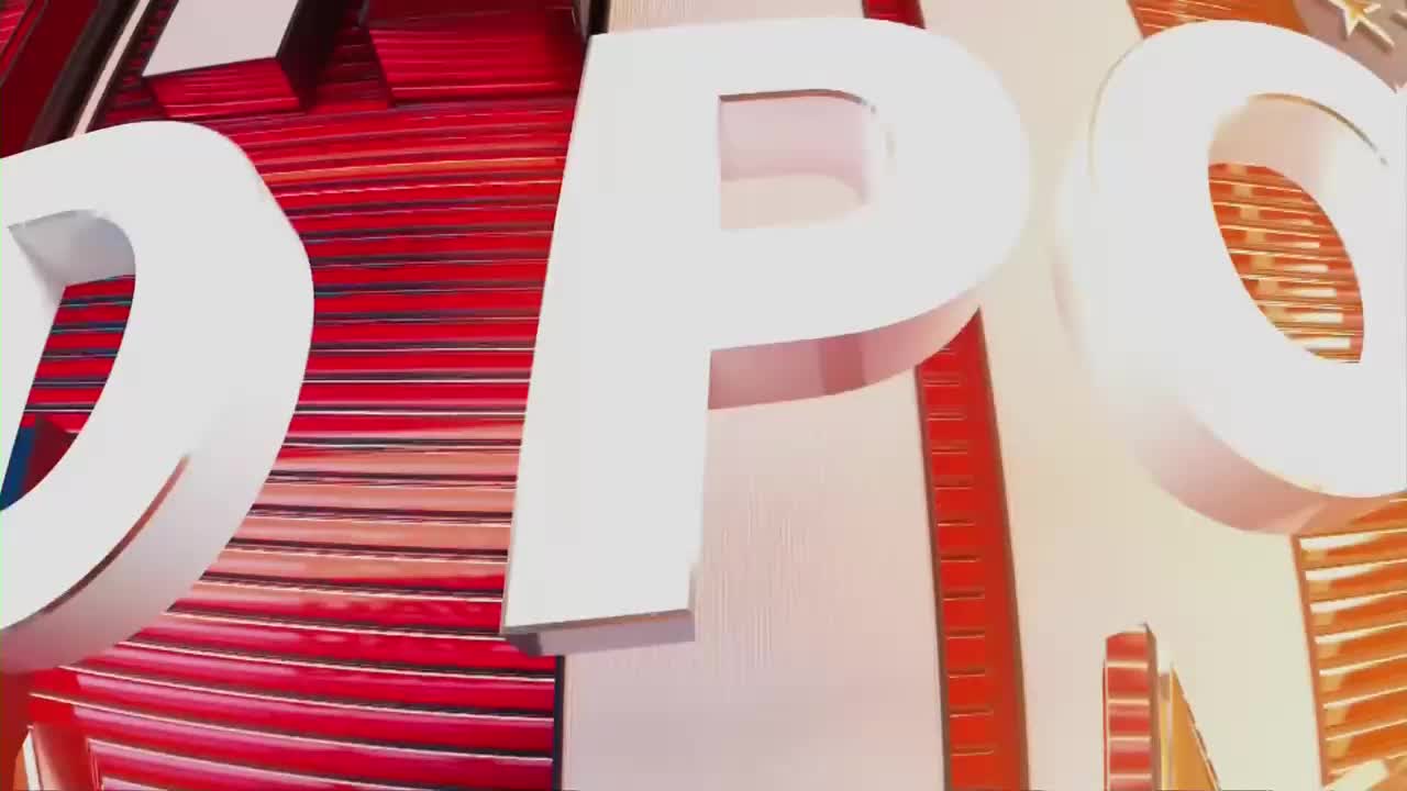 Giant white letters, spelling "OPINION," are rotating against a backdrop of red and orange horizontal lines. The letters appear to be part of a graphic for One America News Network.