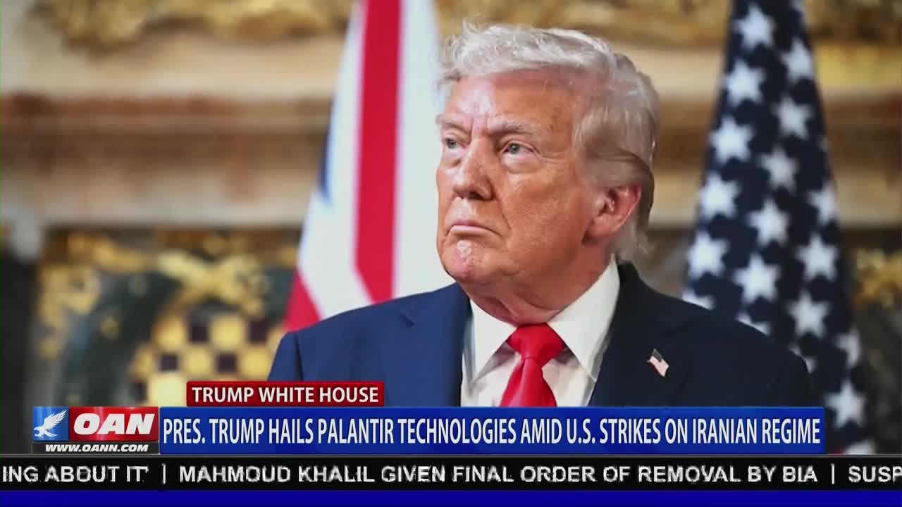 President Trump stands with a stern expression, an American flag behind him. A chyron from One America News Network reads "PRES. TRUMP HAILS PALANTIR TECHNOLOGIES AMID U.S. STRIKES ON IRANIAN REGIME."