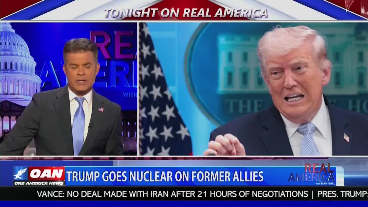 The anchor on the left speaks into the camera, while on the right, Donald Trump gestures emphatically. A banner below reads "OAN TRUMP GOES NUCLEAR ON FORMER ALLIES."