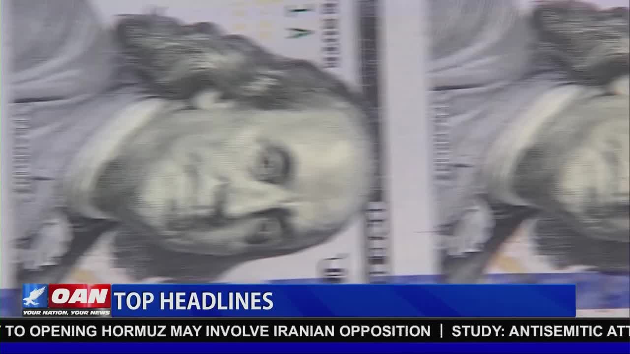 Benjamin Franklin's face on a hundred-dollar bill slides across the screen. The OAN logo and "TOP HEADLINES" appear beneath the moving currency.