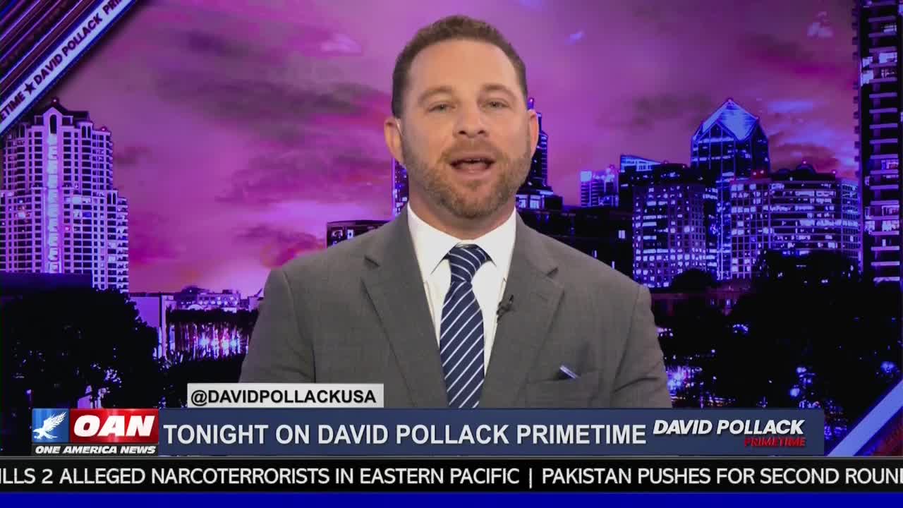 A man in a suit and tie speaks directly to the camera, with a cityscape behind him.  On One America News, the chyron announces tonight's program and current events.