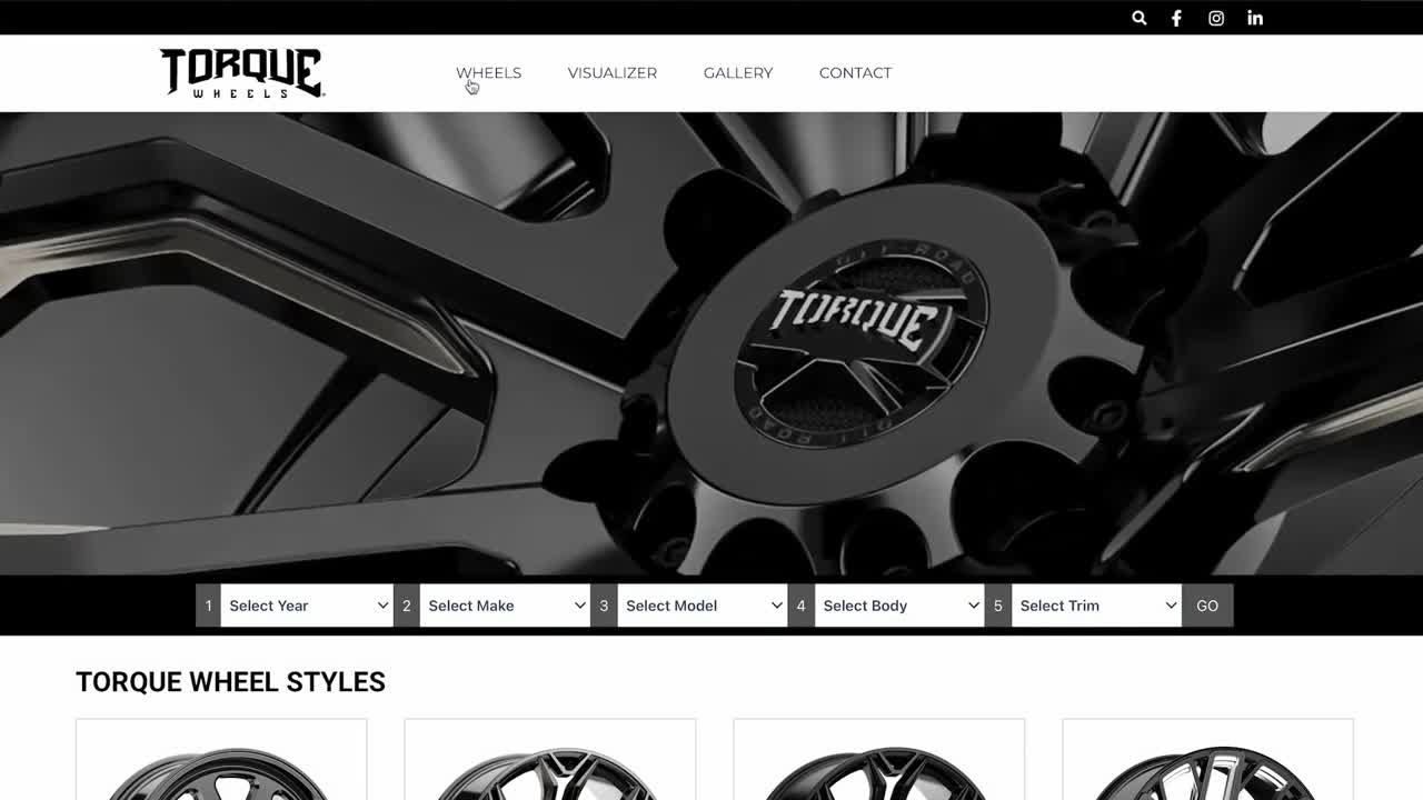 A website homepage for Torque Wheels displays a close-up of a shiny black wheel. Below, a series of drop-down menus allow users to select their vehicle's specifications.

