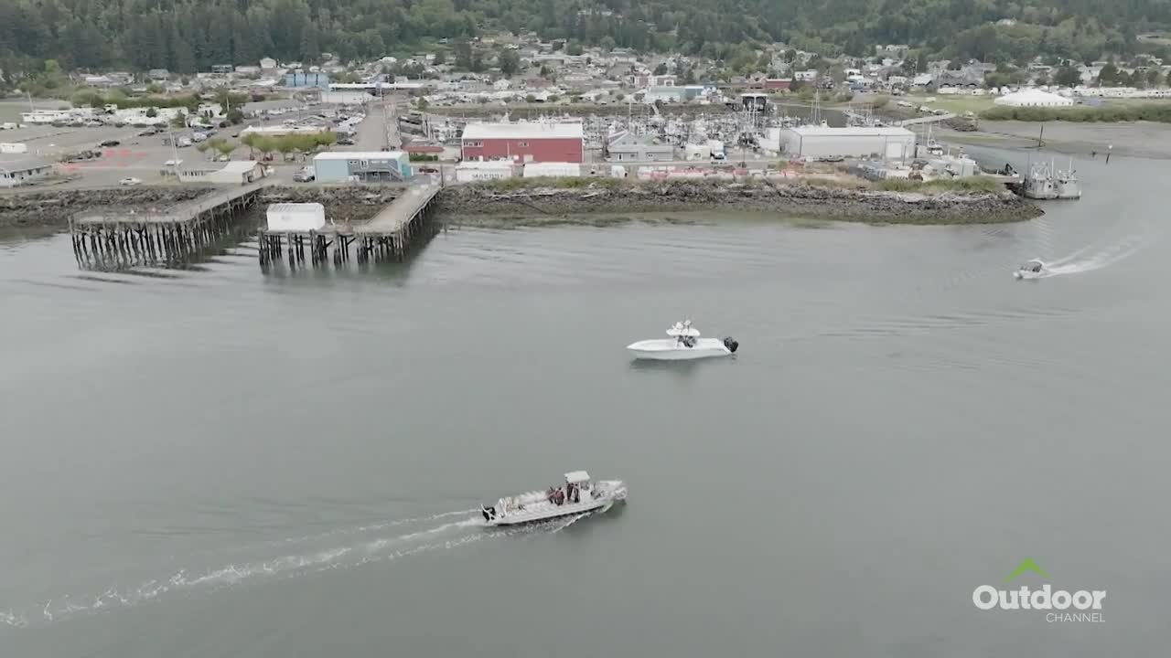 Boats are motoring across the water, leaving white wakes in their paths. The town and docks sit in the background, framed by a forested hillside.
