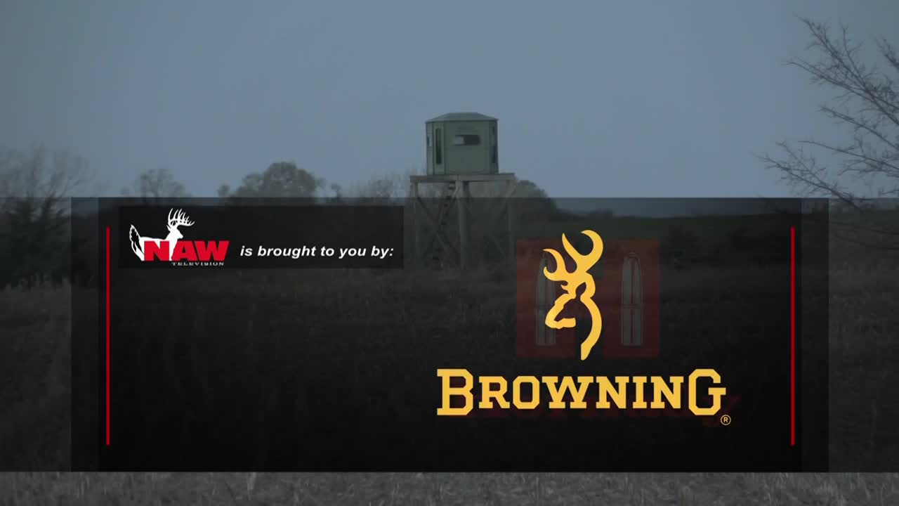 A hunting blind sits elevated in a field under a cloudy sky. The Outdoor Channel show is brought to you by Browning, as the logo reveals.
