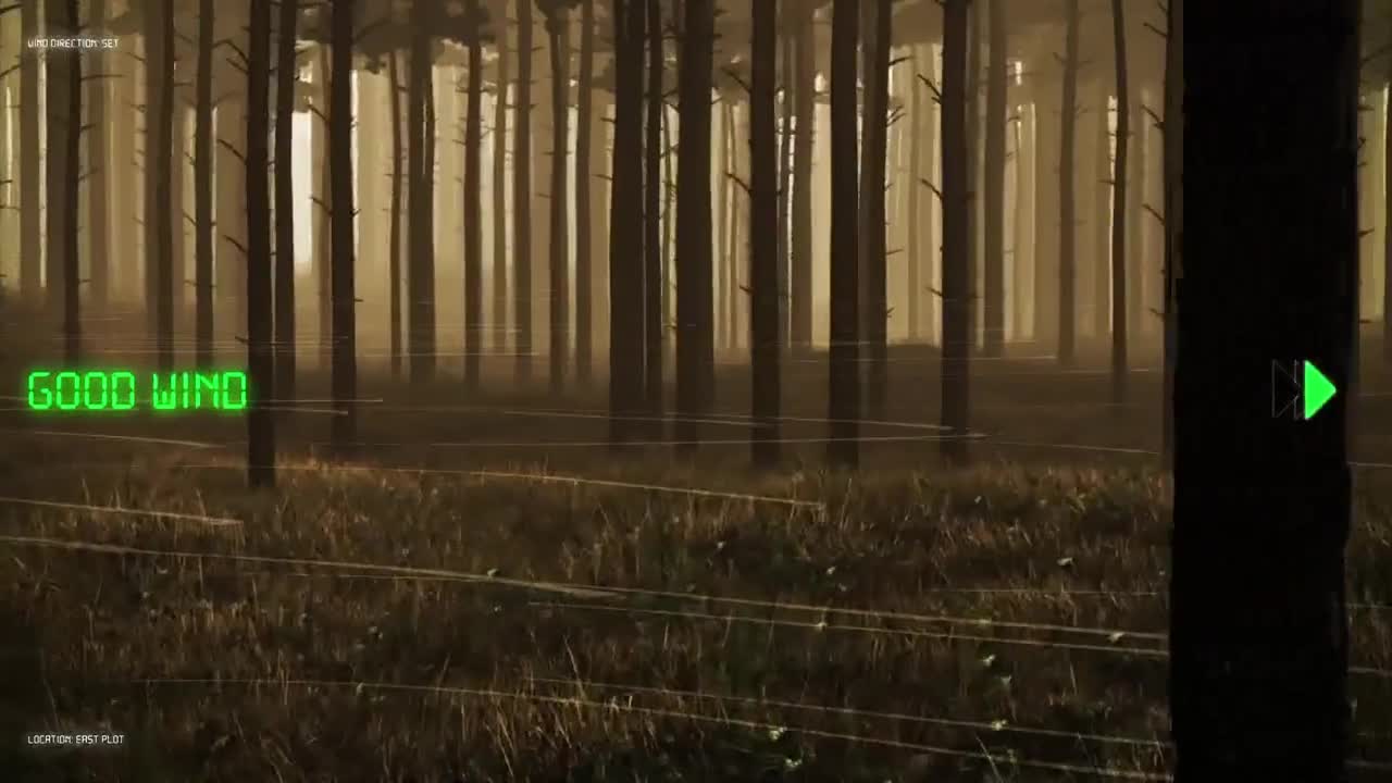 Tall, dark trees stand in a misty forest, with the words "GOOD WIND" glowing green on the screen. A green arrow indicates the next scene, likely on the Outdoor Channel.
