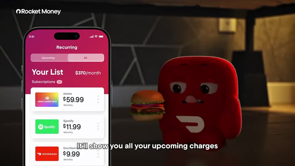 A phone displays a list of recurring subscriptions, including Adobe and Spotify. A red, cartoonish character, holding a burger, is positioned beside the phone.
