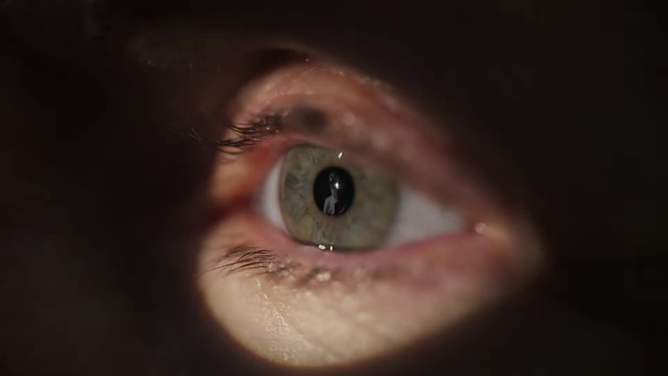 A person's eye, framed by darkness, reflects a tiny, silhouetted figure. The eye is open, and the iris, a speckled green, holds a miniature image of someone.
