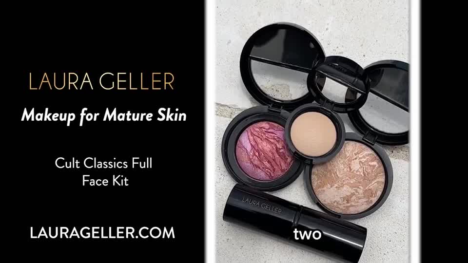 A collection of Laura Geller makeup products, including compacts and a stick, are arranged on a light-colored surface. The products are open, displaying their contents, and the brand name is prominently displayed.
