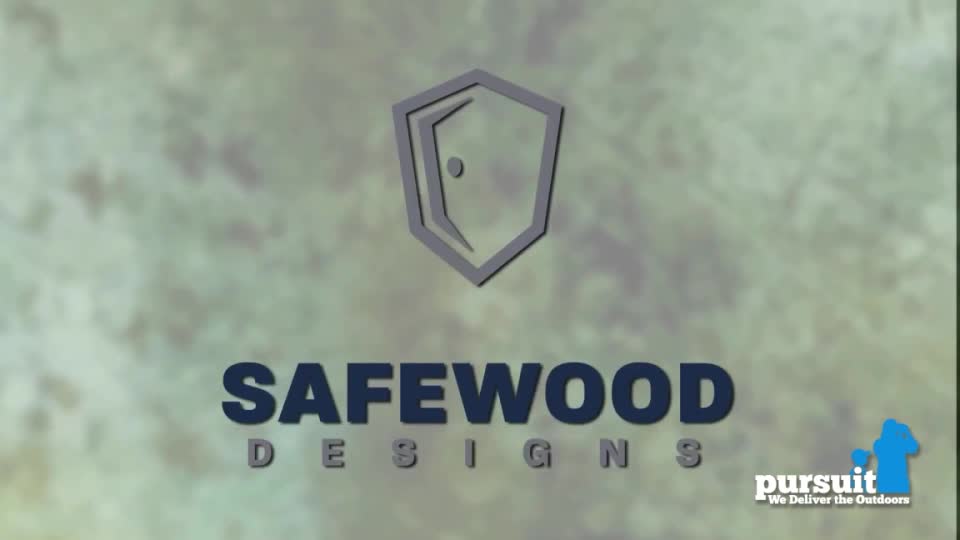 The "SAFEWOOD DESIGNS" logo sits front and center, with a shield-shaped graphic above it. The Pursuit Channel logo is in the lower right corner.
