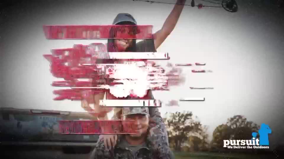 A man in camouflage carries another on his shoulders, and the person above holds a bow and arrow. The Pursuit Channel logo is visible in the corner, and the image is overlaid with red horizontal lines.
