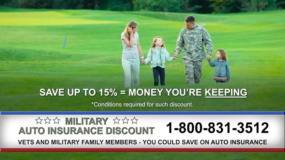 A family, the dad in camouflage, walks across a green field, holding hands with their two young daughters. Above a blue banner, text promises savings on auto insurance for military families.
