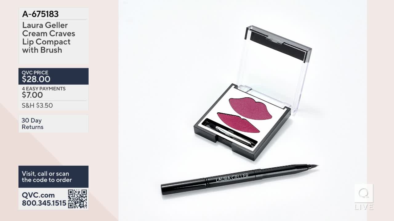 A lip compact and lip liner sit against a white background, ready for a QVC presentation. The compact is open, revealing a pair of lip-shaped swatches in a deep pink.
