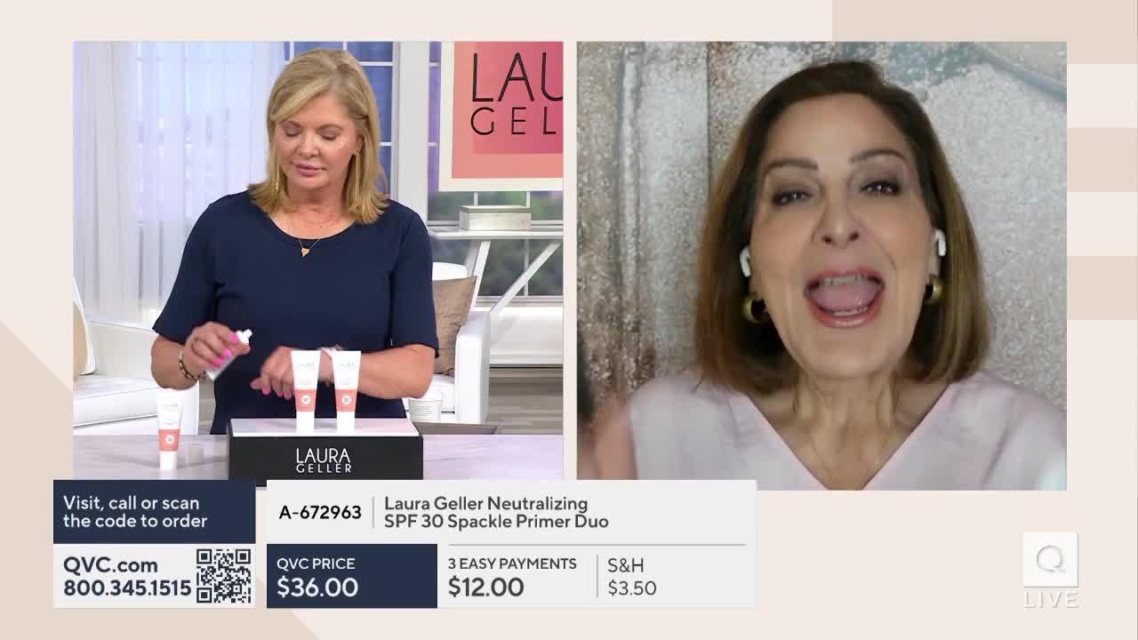 On the left, a woman in a navy top squeezes product from a tube, while on the right, another woman with a headset and open mouth appears on a split-screen. The QVC logo and product details are displayed at the bottom.
