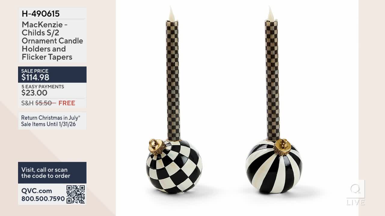 Two candle holders with checkered stems and round, patterned bases are displayed on a white background. The QVC logo is in the corner, and the sale price is listed on the screen.
