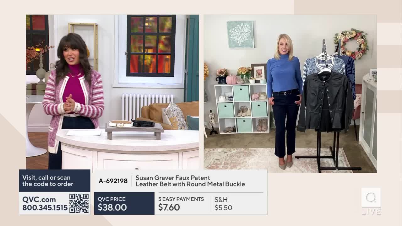 A woman in a pink and white striped cardigan stands at a curved counter, gesturing. Across the screen, another woman models a blue turtleneck and dark pants, standing near a clothing rack.
