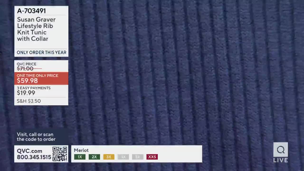 A close-up of a navy blue ribbed knit fabric fills the screen, with a QVC graphic overlay detailing the price and ordering information. The "Live" logo in the bottom right corner indicates a live broadcast.

