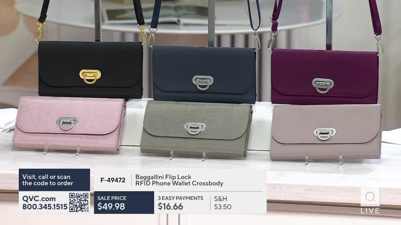 Six crossbody wallets, each a different color, are displayed on a white surface. The QVC logo and a price tag are visible at the bottom of the frame.
