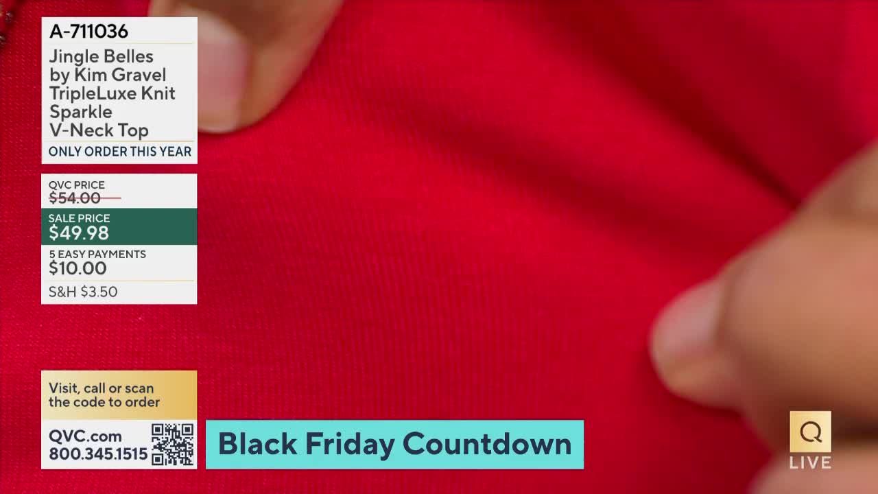 A hand gently stretches a section of bright red fabric, revealing the texture. The QVC logo and product details are displayed in the corner, advertising a "Jingle Belles" top.
