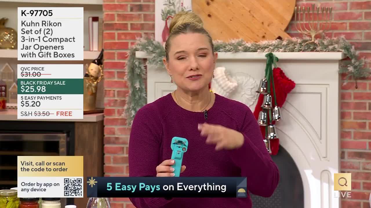 A woman in a purple sweater holds up a teal jar opener, gesturing with her other hand as she talks. A graphic on the screen displays the QVC price and a Black Friday sale price.
