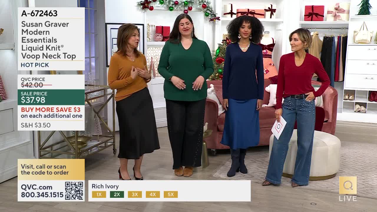 In a studio setting, four women stand side-by-side, each modeling a different colored top and skirt or pants. A QVC graphic with the product details is visible on the left.
