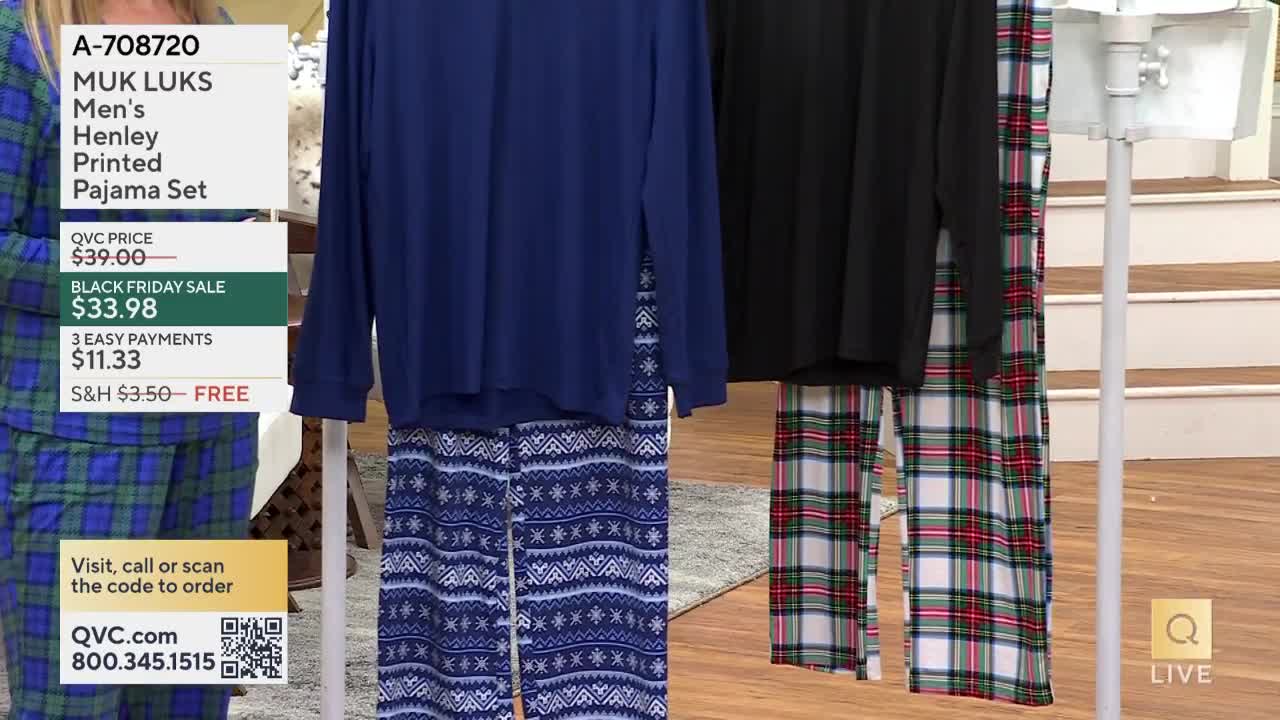 Three pajama sets hang on a rack, each with a long-sleeved top and matching pants. The QVC price tag shows the set on sale for Black Friday.
