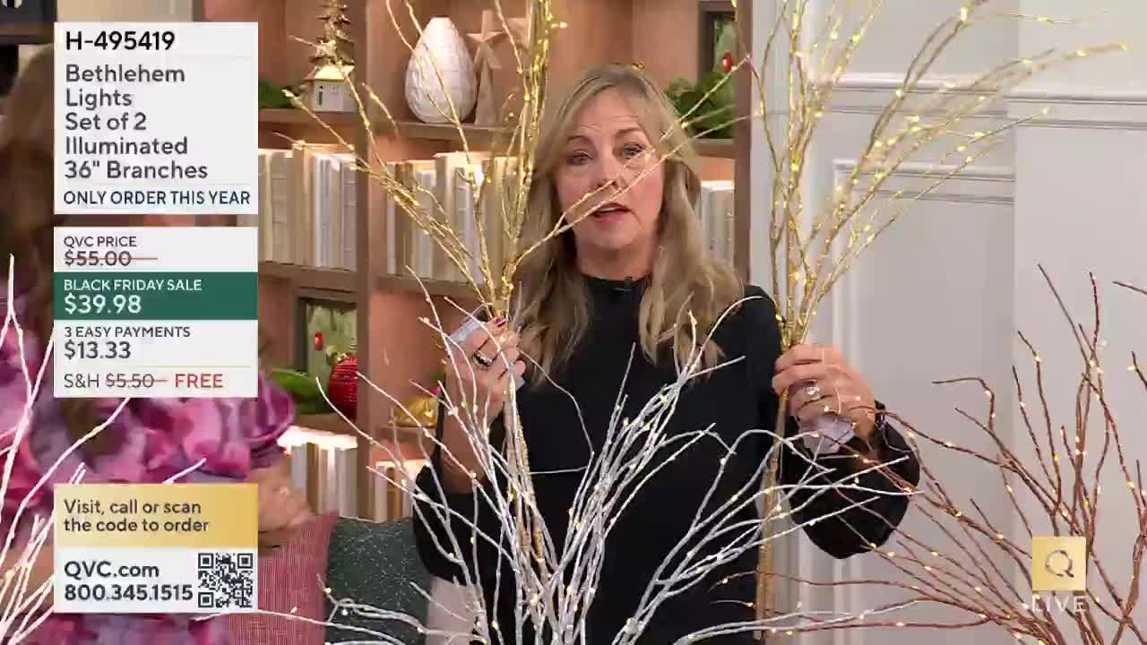 A woman on QVC holds up a few illuminated branches, showing off the different colors of the lights. The screen displays the price and other details about the product.
