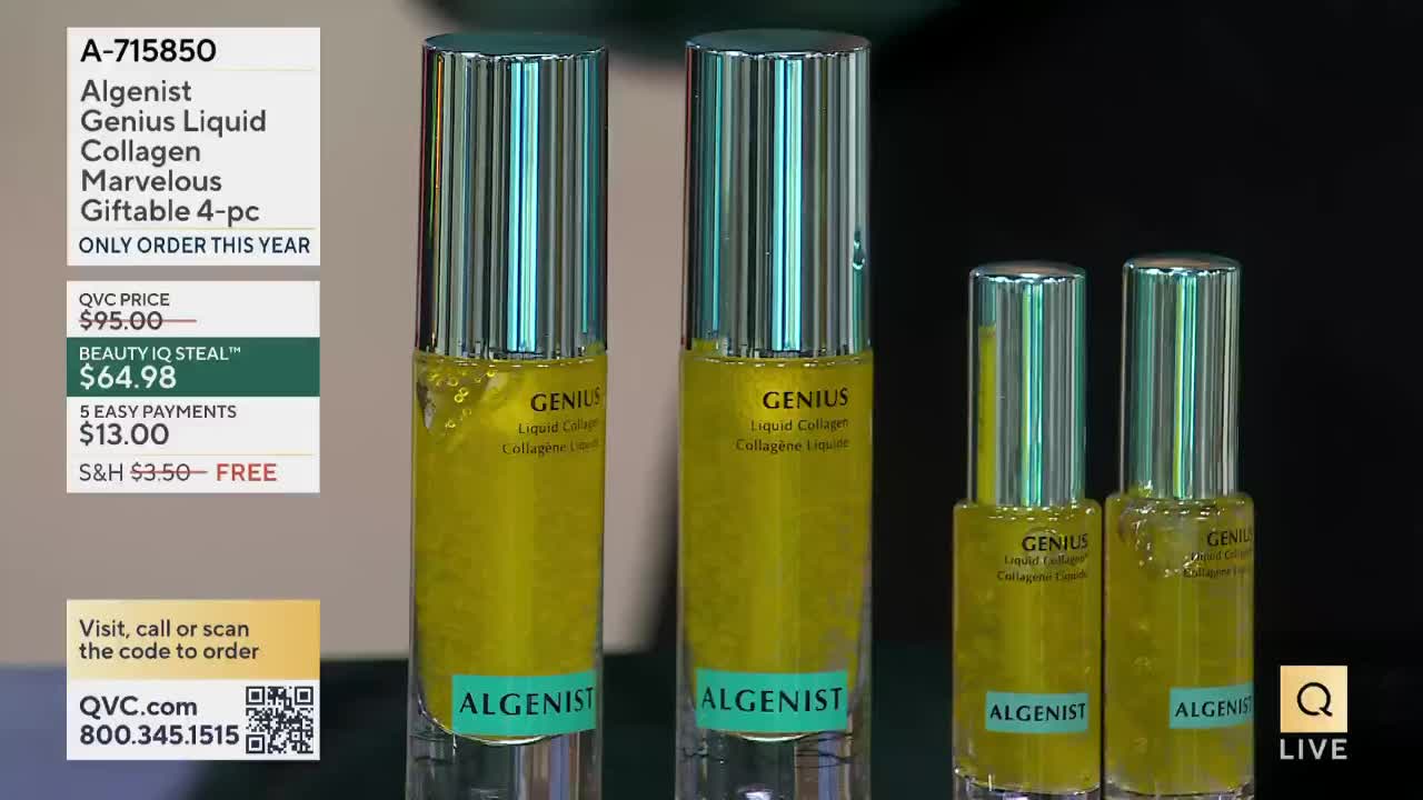 Four bottles of Algenist Genius Liquid Collagen are lined up, each with a silver cap and a clear glass body filled with a yellow liquid. The QVC logo is visible in the corner, and the on-screen text highlights a "Beauty IQ Steal" price.
