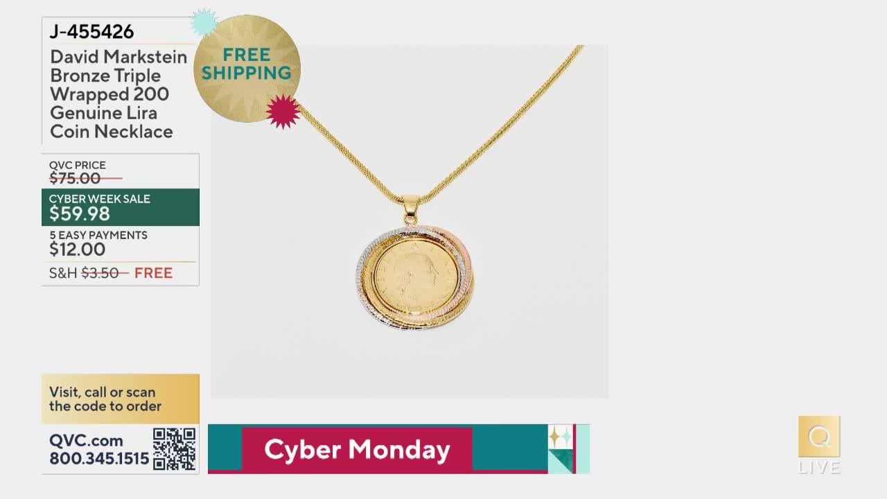 A gold chain hangs, supporting a pendant with a central coin framed by layers of metal. The QVC logo and "Cyber Monday" banner sit at the bottom of the screen.
