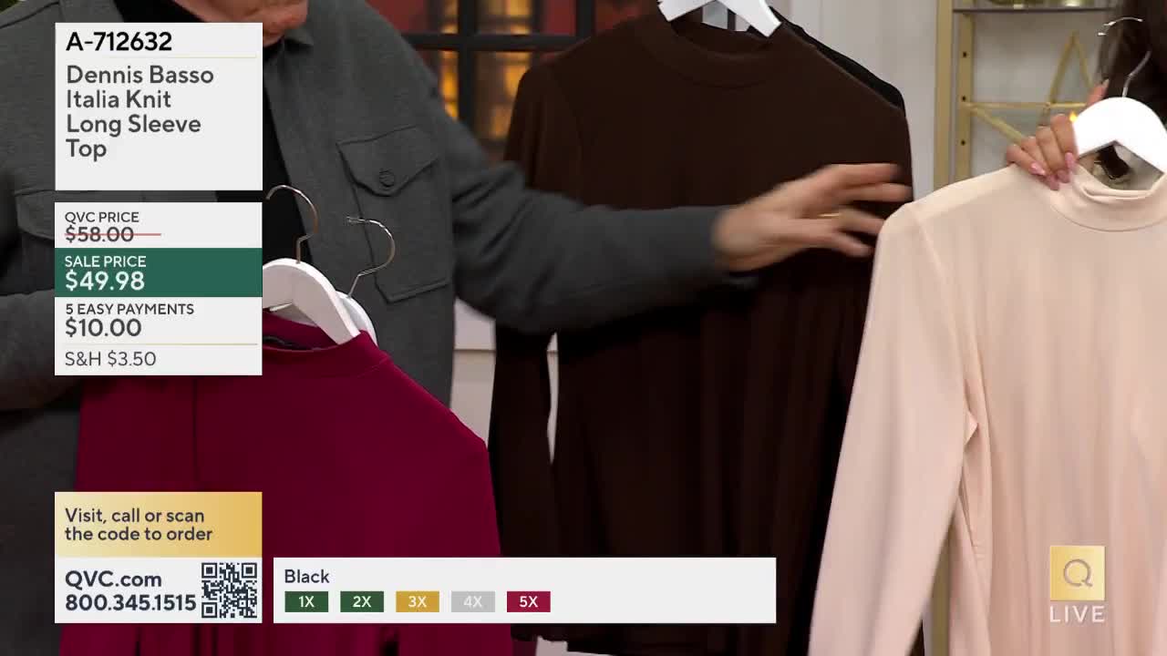 A presenter on QVC holds up three long-sleeved tops, showing off the different colors of the Italia Knit. A screen displays the item number and sale price for the Dennis Basso top.
